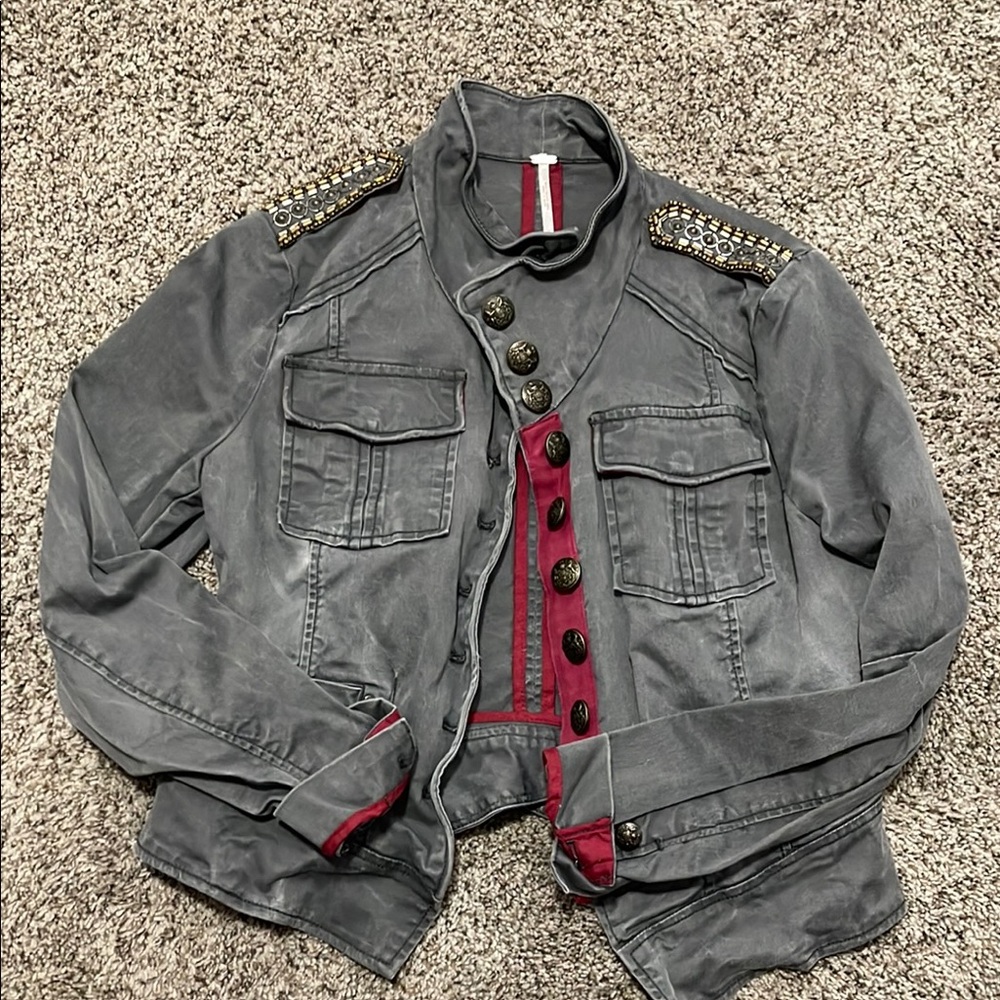 Gray Military Style Jacket with Studded Shoulders